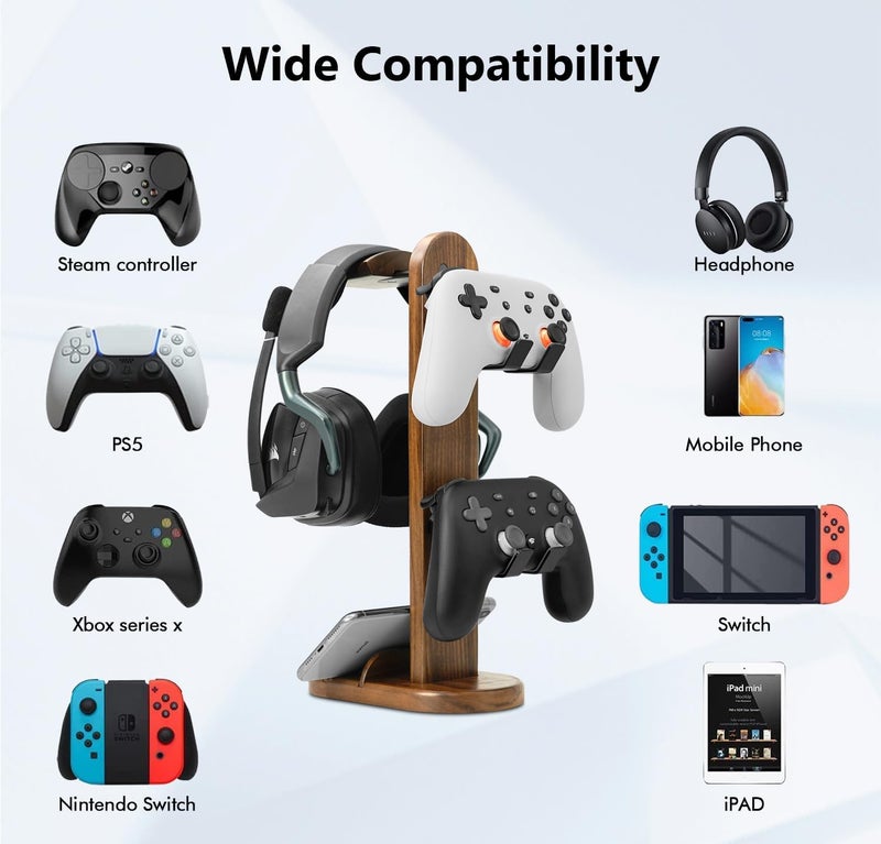 GEVO Controller Holder with Headphone Stand - Wood Gaming Controller Stand for Xbox PS5 PS4 Switch Pro, PC Gaming Accessories - Present Idea for Husband, Boyfriend, Gamers, Game Lover, Game Room Decor - Image 2